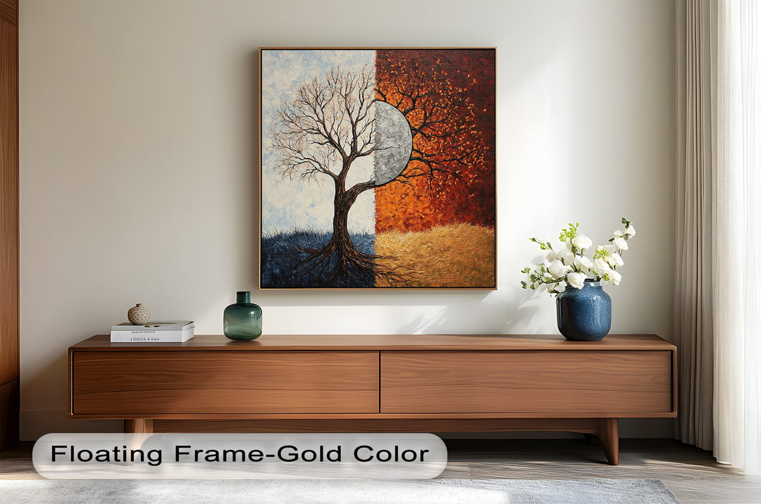 Symbolic seasonal transition painting with a silver moon and vivid tree branches.
