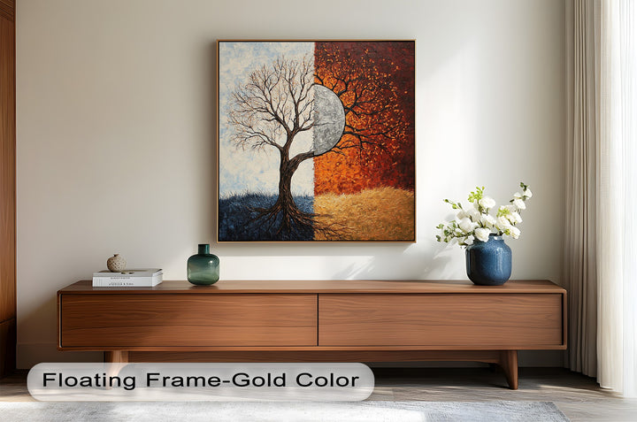 Symbolic seasonal transition painting with a silver moon and vivid tree branches.
