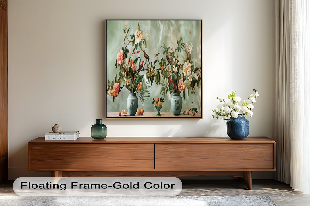 Vintage-style botanical painting with vibrant flowers and perched birds.
