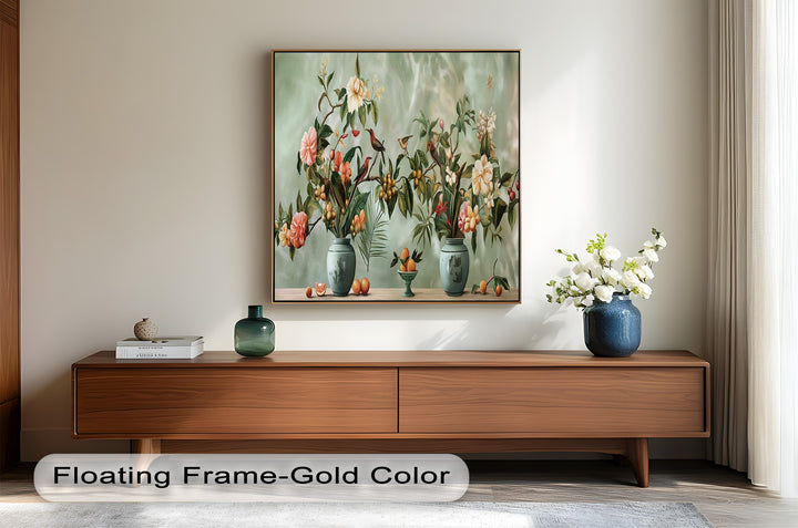 Vintage-style botanical painting with vibrant flowers and perched birds.

