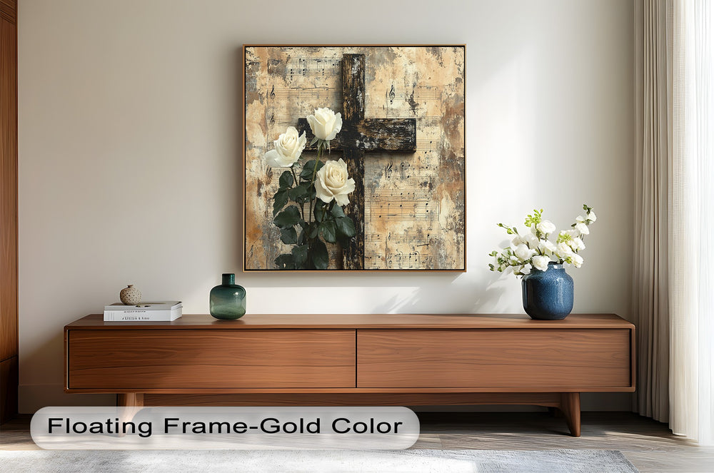 Spiritual still life with roses and weathered wooden cross.
