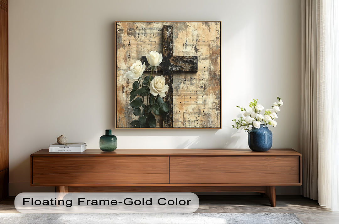Spiritual still life with roses and weathered wooden cross.
