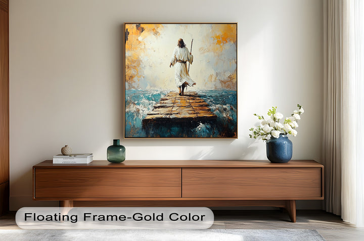 Faithful path oil painting with man in white walking toward the light.
