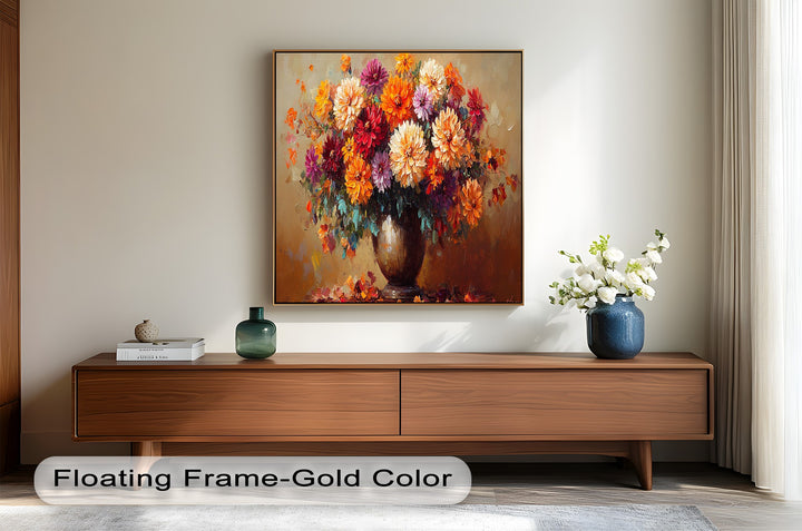 Elegant dahlia still life with fiery tones and expressive brushstrokes.
