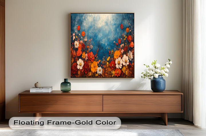 Floral explosion painting with bright blossoms and rich indigo backdrop.
