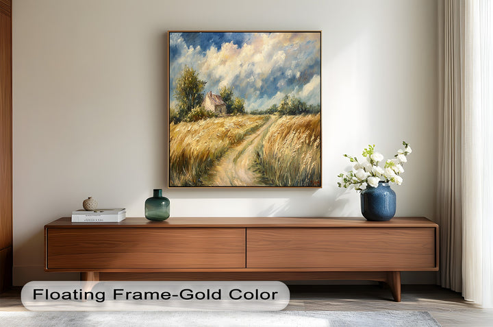 Golden meadow artwork with country road and dramatic sky.
