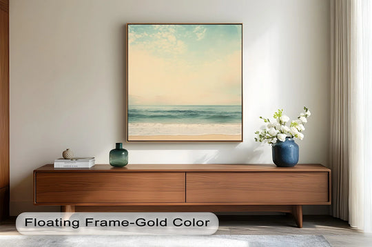 With a muted color saturation, this calm ocean oil painting reproduction print showcases coastal beach wall art with a soft pastel sky and gentle waves.