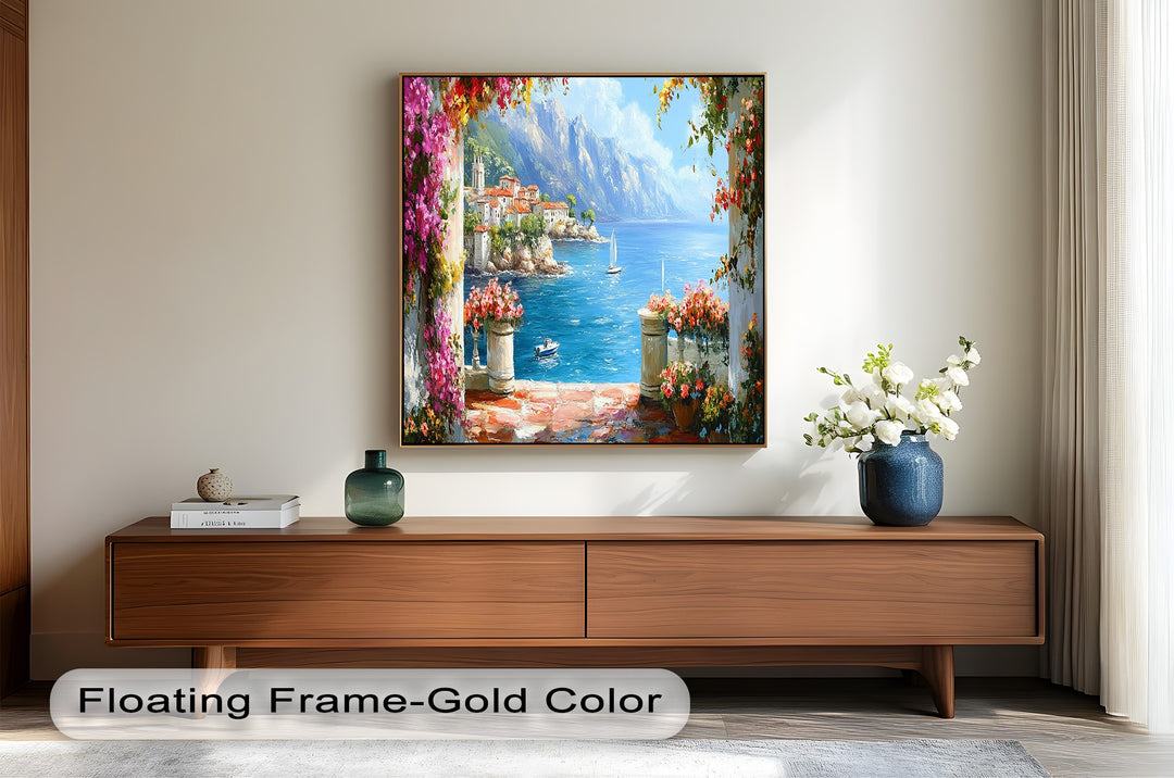 Charming coastal village scene with lush florals and scenic ocean backdrop.
