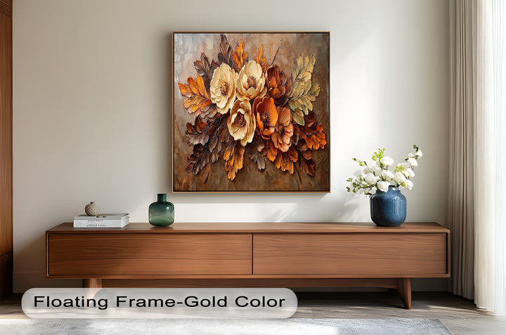 Warm-toned flower arrangement with detailed leaf textures.
