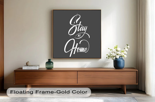 Printed on premium wood with gold trim, this 'Stay at Home' typography oil painting wall art displays the fine material quality of a modern oil painting wall art.