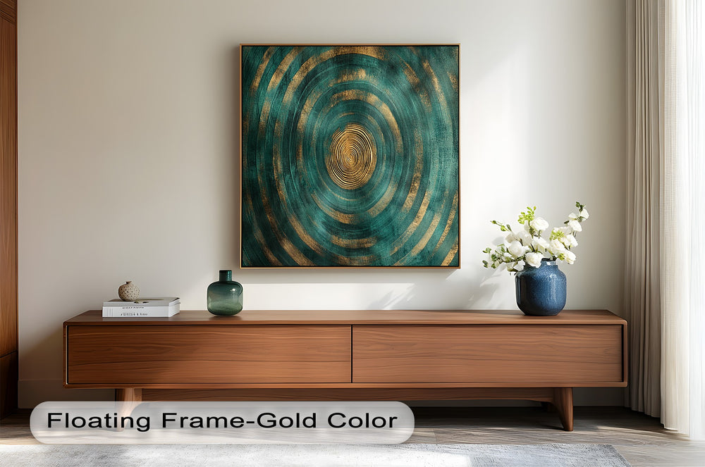 Golden vortex-inspired painting with dynamic teal rings and radiant center.
