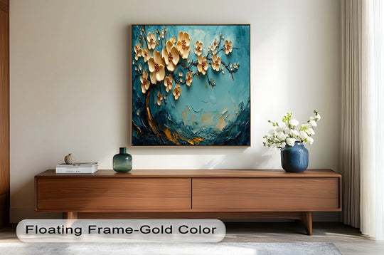 Luxury floral wall art with gold-accented cream blossoms.
