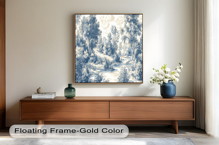 Monochromatic countryside scene featuring elegant trees and stream.
