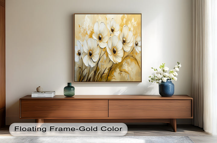 Luxurious floral wall art with luminous gold accents and sculpted petals.

