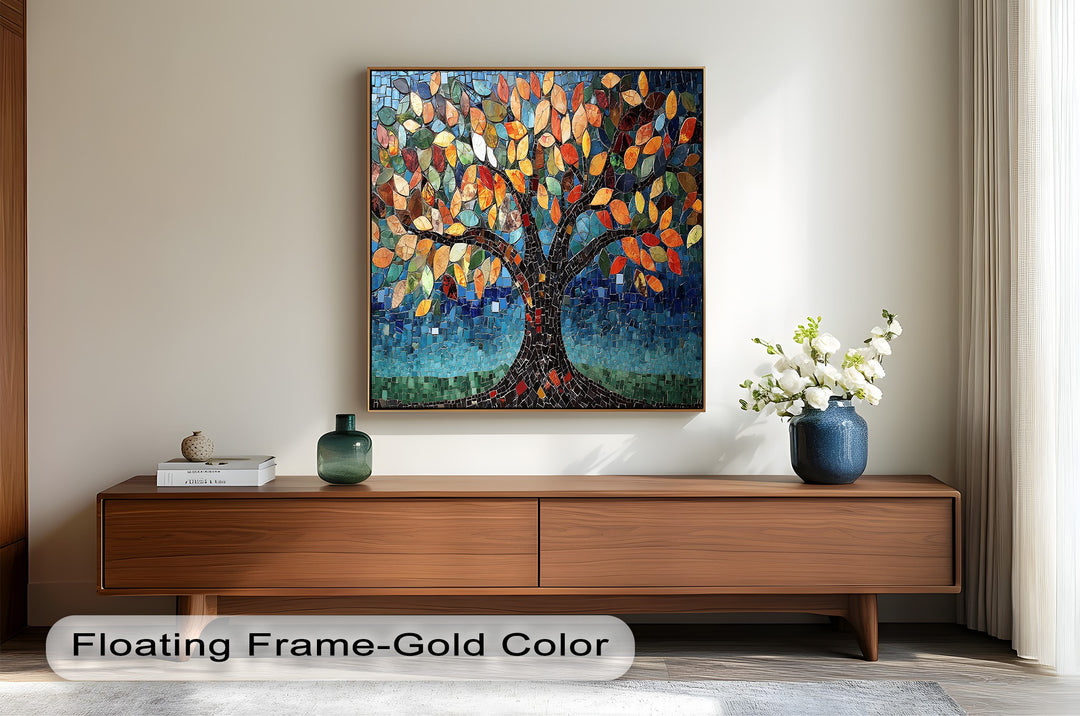 Radiant mosaic tree with orange, yellow, and red leaf patterns.
