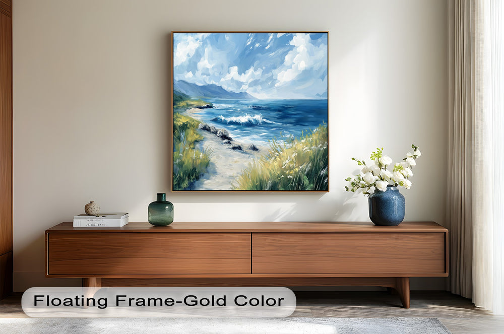 Ocean view artwork featuring tranquil waves and wild grasses.
