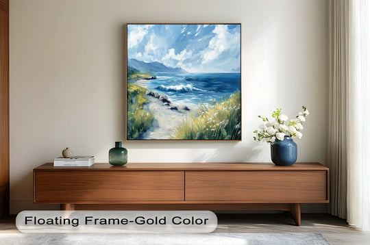 Transitional hues depict a serene seaside landscape oil painting where the sky's azure merges with the deeper blues of the ocean, highlighting oil painting art prints.