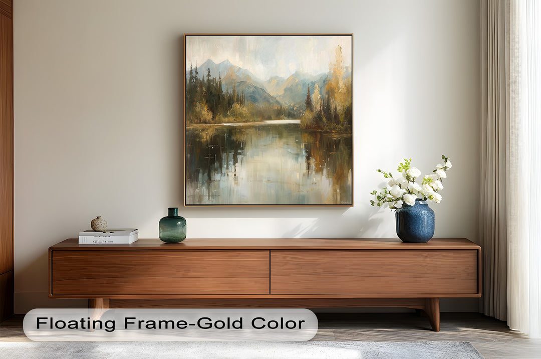 Calm alpine landscape artwork with serene water reflections.
