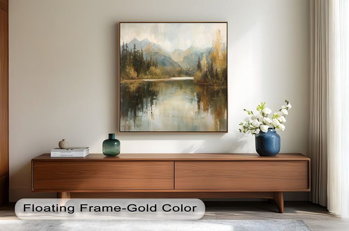 Calm alpine landscape artwork with serene water reflections.
