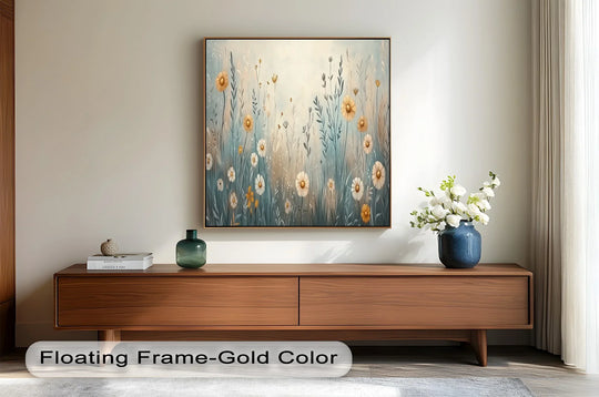 The focal point of this floral oil painting artwork showcases soft-hued wildflowers and daisies in a serene composition.