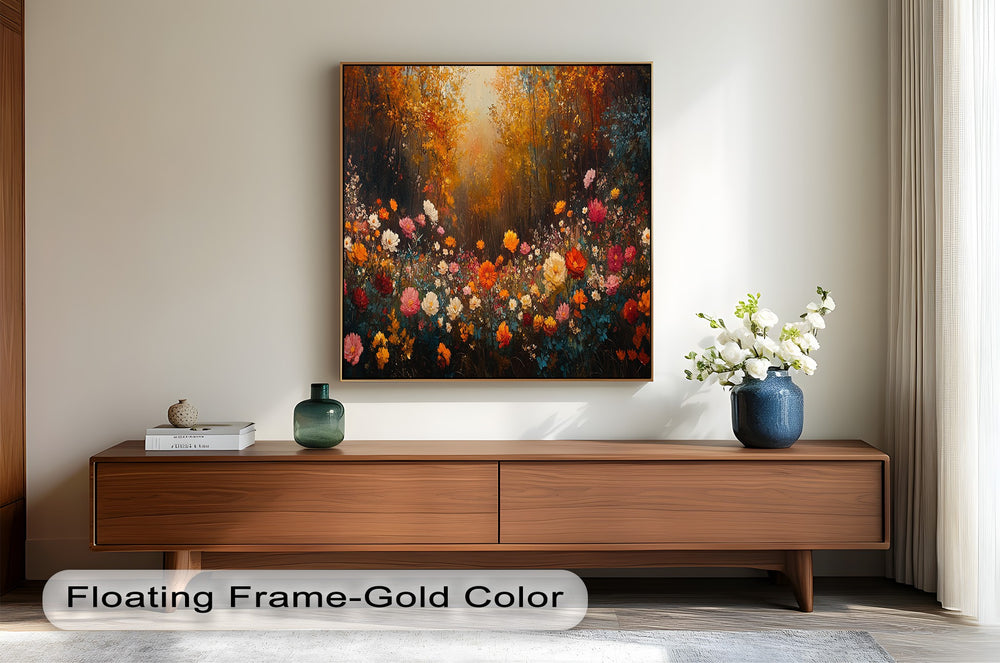 Lush garden bloom beneath golden fall foliage.
