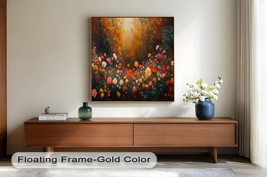 Predominantly orange and red, the 'Autumn Floral Meadow' oil painting art prints showcases a vibrant meadow scene in colorful nature with a floating gold frame.