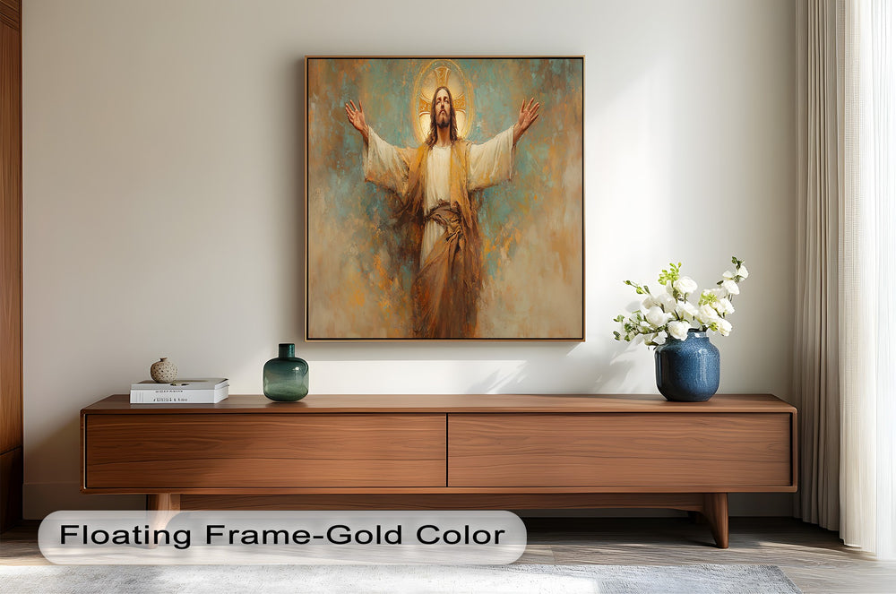 Sacred depiction of Jesus with outstretched arms and glowing aura.
