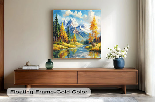 Organic forms define the mountain landscape in this modern oil painting art, 'Golden Autumn Peaks,' where the reflecting river enhances the landscape's natural feel.