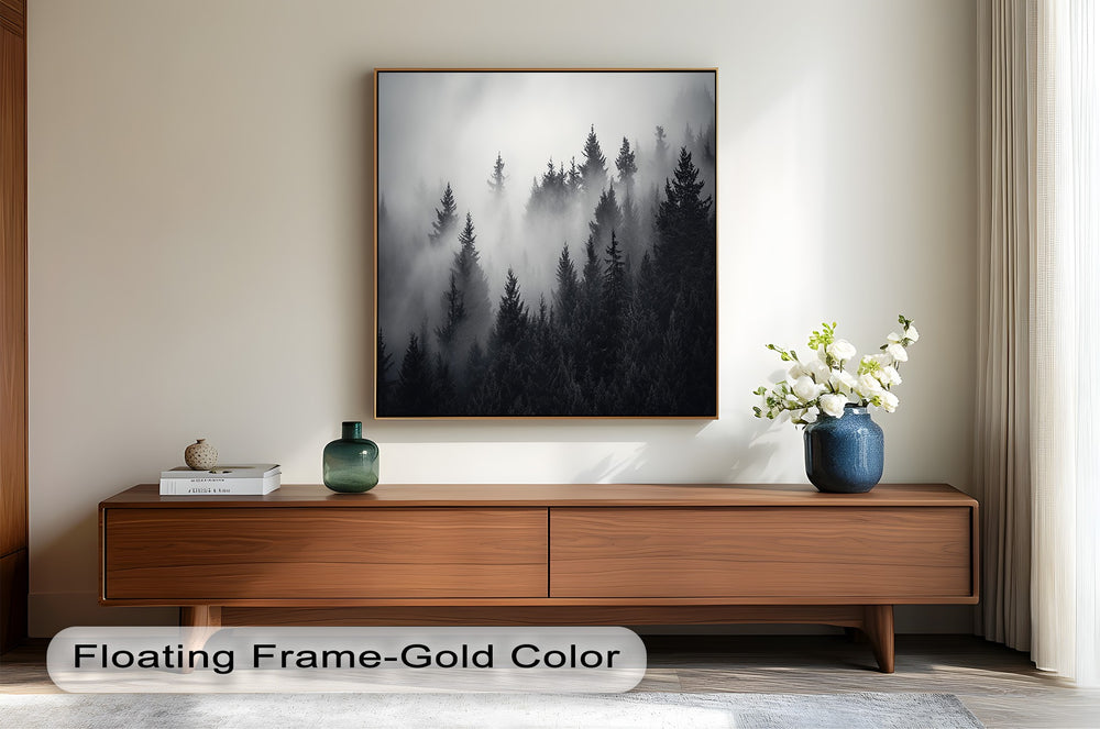 Black and white pine tree landscape with thick fog.
