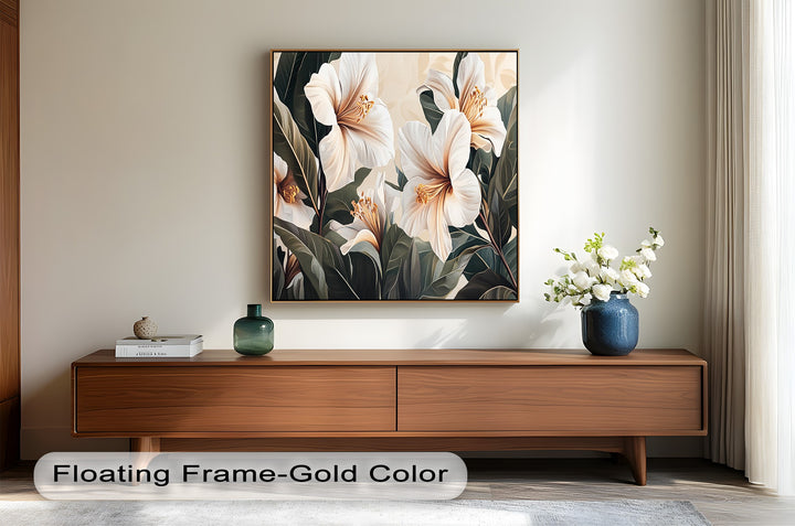 Elegant white flower wall art with lush leaves and natural tones.
