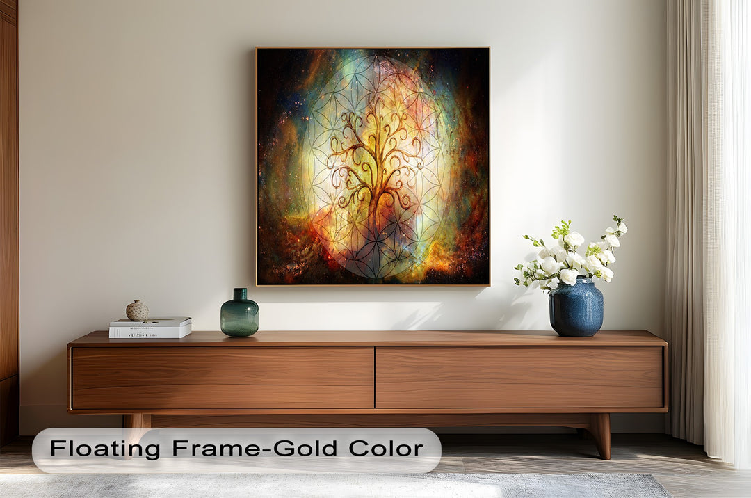 A mesmerizing cosmic painting of the Tree of Life, surrounded by the universe’s vibrant colors and the sacred Flower of Life design