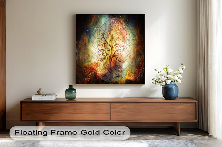 A mesmerizing cosmic painting of the Tree of Life, surrounded by the universe’s vibrant colors and the sacred Flower of Life design