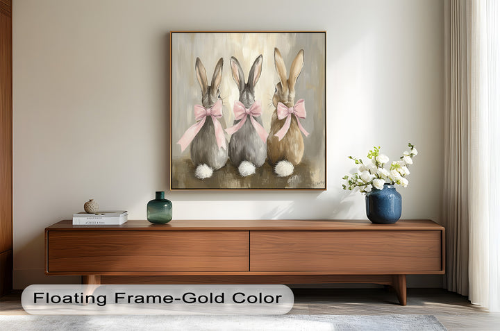 Trio of Bunnies with Pink Bows – Animal Oil Painting