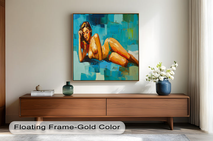 Tropical Repose – Reclining Woman with Ocean Tones Oil Painting