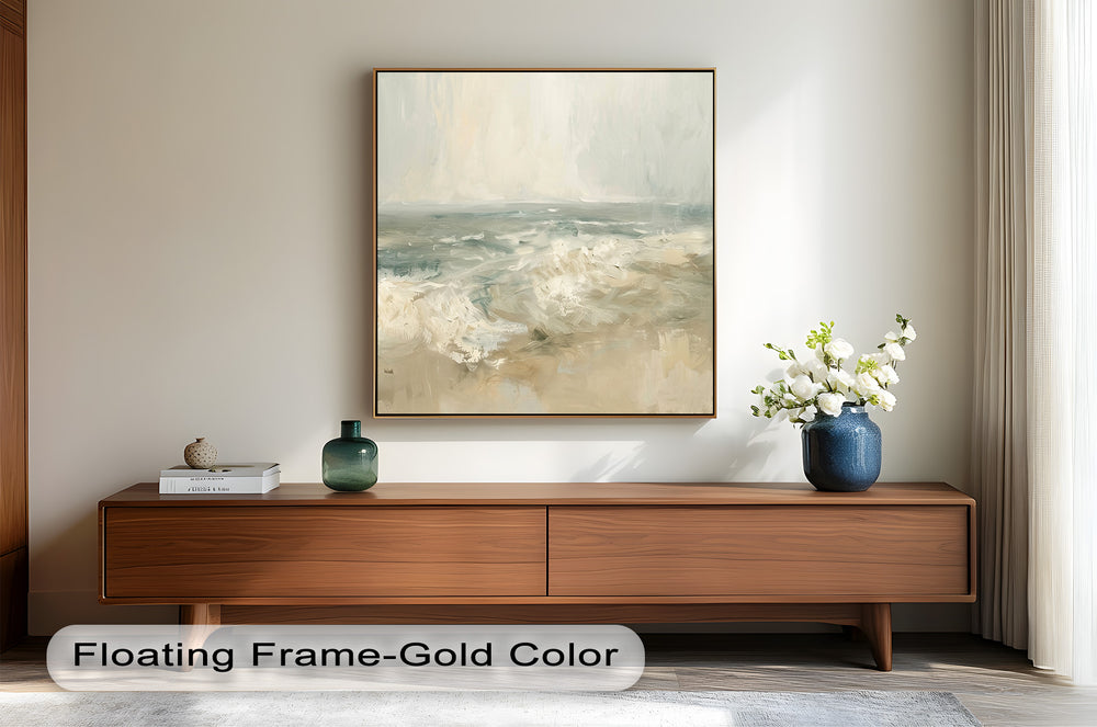 A beautifully textured seascape artwork showcasing a peaceful beach scene with foamy waves washing up against the shoreline under a muted sky.