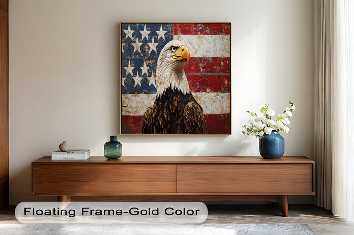 Adler mit amerikanischer Flagge – Patriotisches Ölgemälde