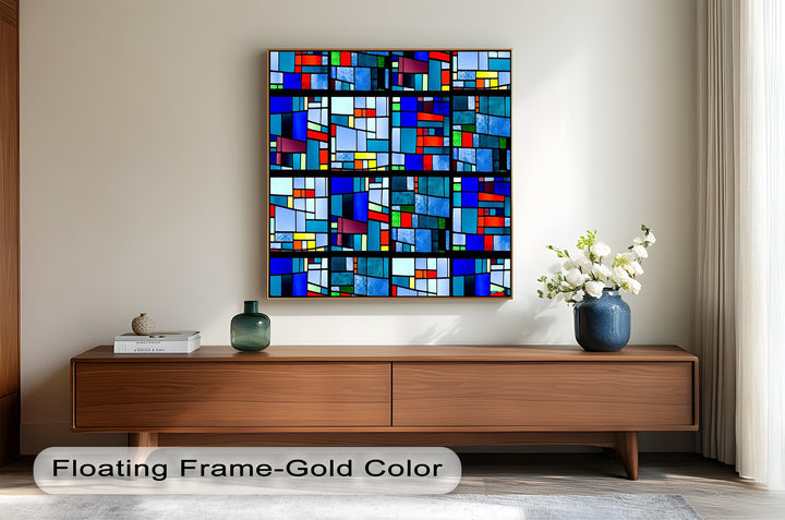 A striking visual tapestry made of luminous color segments in crisp geometric frames, reflecting a modernist aesthetic.
