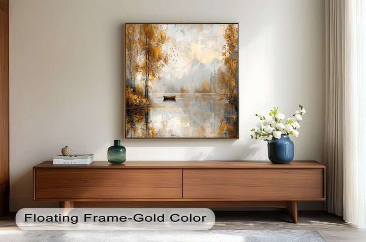 Delicate brushstrokes and warm earthy tones bring this atmospheric autumn landscape to life, featuring a quiet lake surrounded by golden trees and distant mountain peaks.