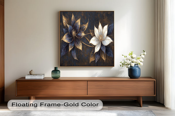 Blue Floral Stained Art – Botanical Oil Painting