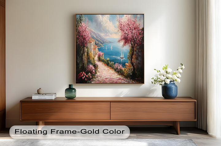 Incredible Sea Street & Spring Blossoms – Coastal Charm Oil Painting