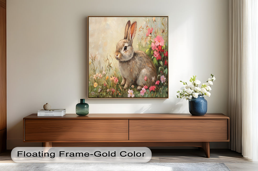 Curious Bunny Among Spring Blossoms – Animal Oil Painting