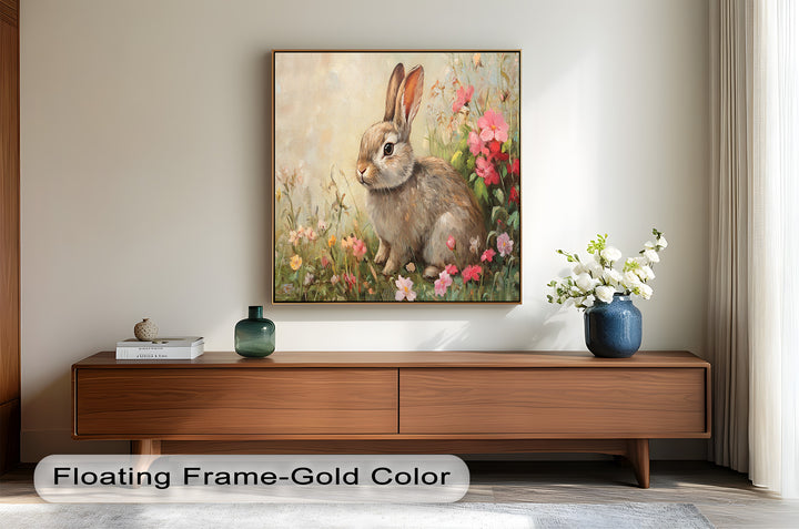 Curious Bunny Among Spring Blossoms – Animal Oil Painting
