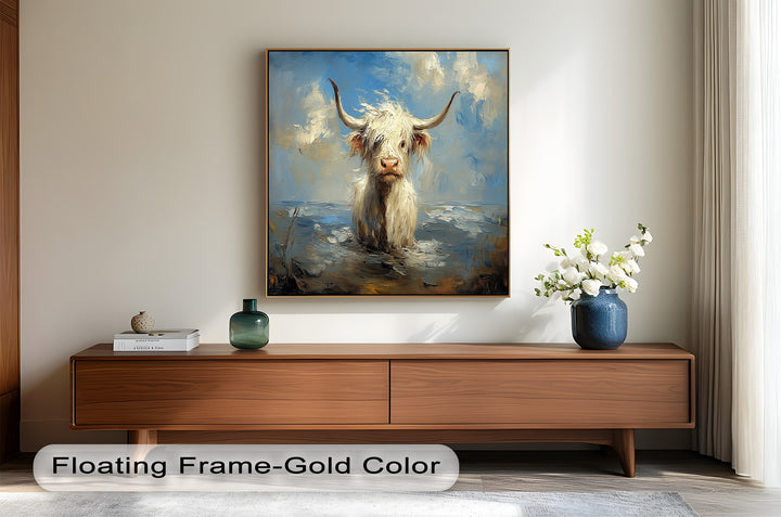 Highland Cow in Coastal Waters – Animal Oil Painting