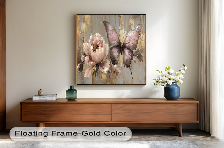 Elegant botanical artwork with a textured golden background and winged beauty.
