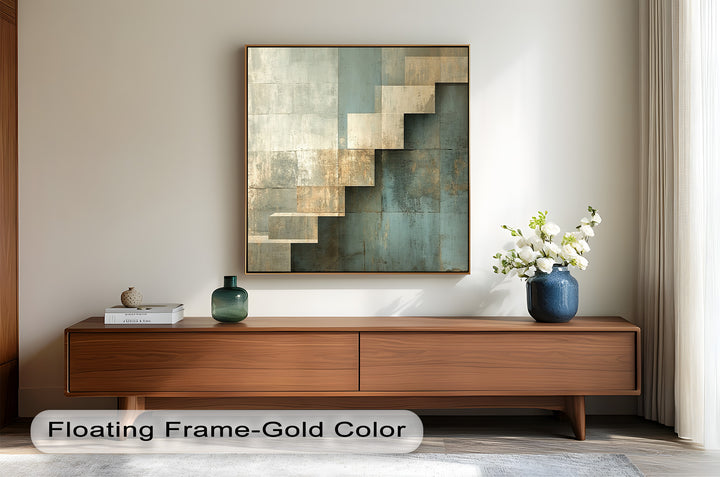 Geometrische Schritte Abstrakt – Blau &amp; Beige Modernes Ölgemälde