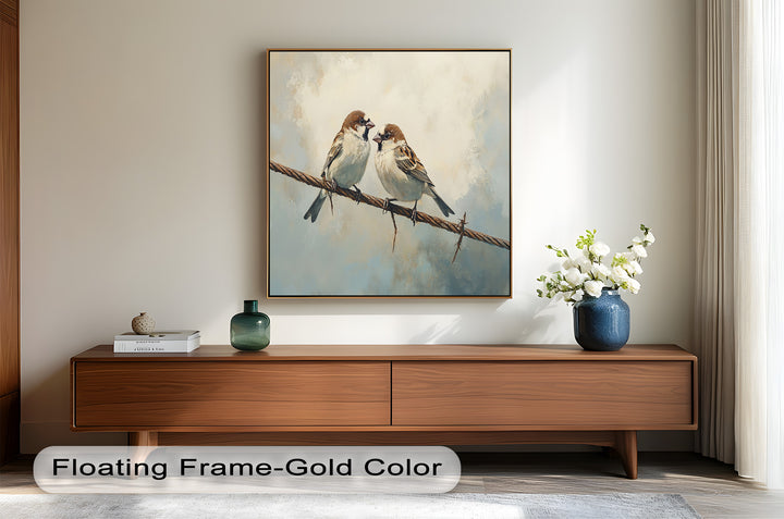 Two Sparrows on a Wire – Bird Oil Painting
