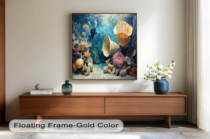 Diver Exploring Coral Reefs with Giant Shells - Animal Oil Painting