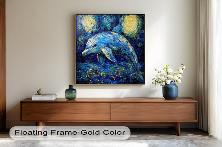 Starry Night Dolphin in Ocean Dreamscape – Animal Oil Painting