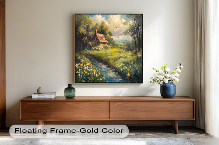 Charming rural scenery featuring a wooden cabin, bright flowers, and birds in the sky.
