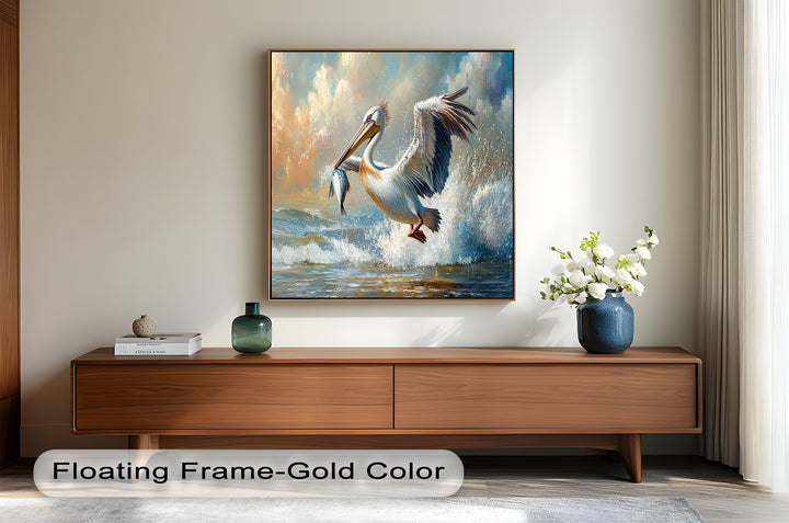 Pelican Catching Fish in Ocean Surf – Animal Oil Painting